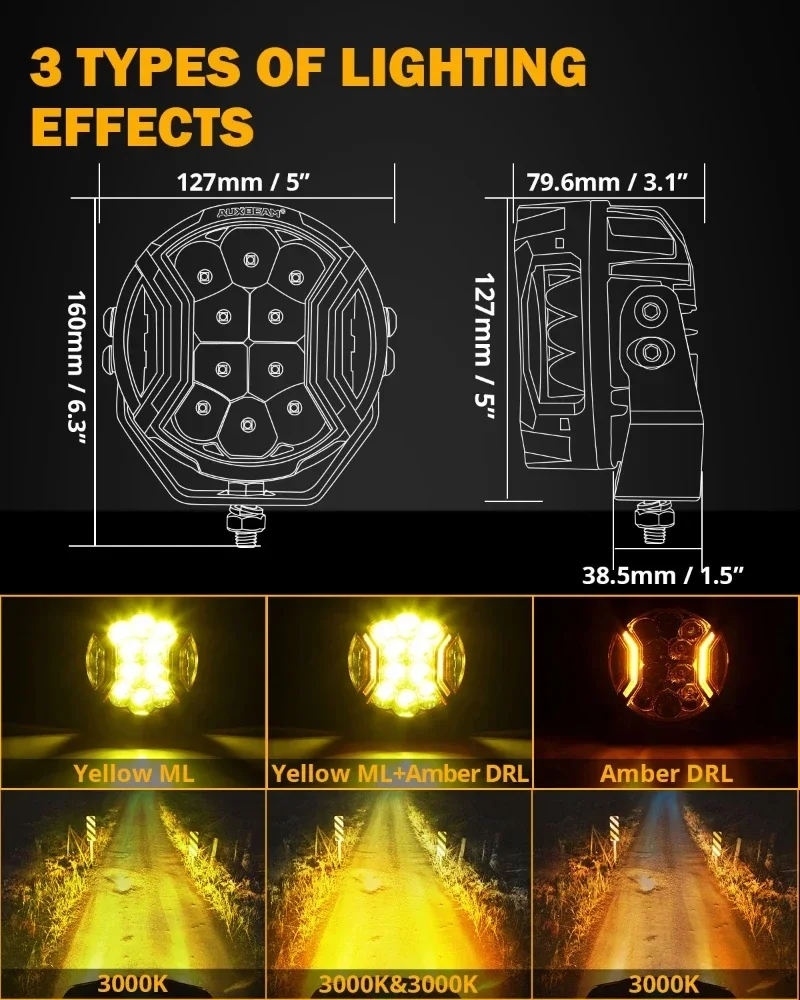 AUXBEAM LED Driving Lights 5inch 172W Spot Flood Combo Work Light Pod Amber DRL with DT Plug Wiring Harness & Black Shells Cover