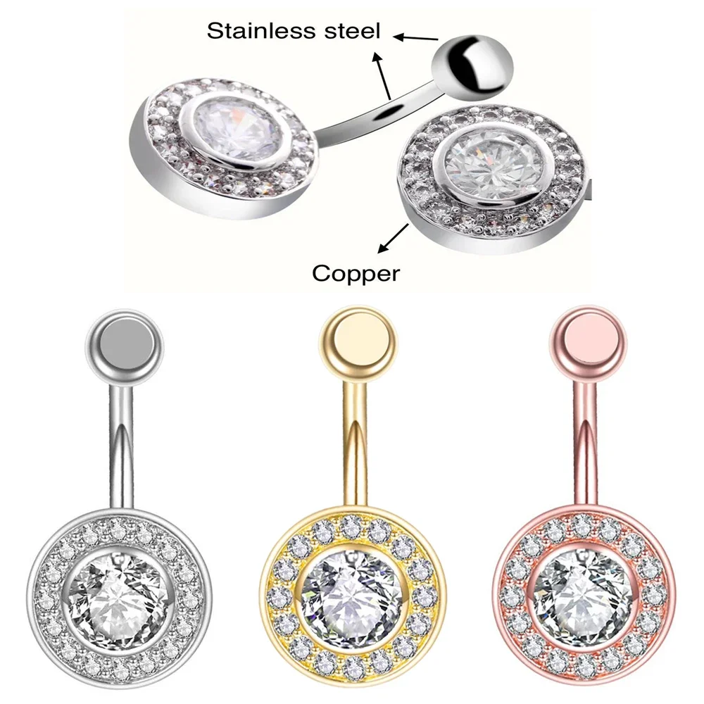 1PC 316L Stainless Steel Navel Perforated 16G Zircon Circular Inlaid Button Navel Ring Embedded Belly Body Piercing Jewelry