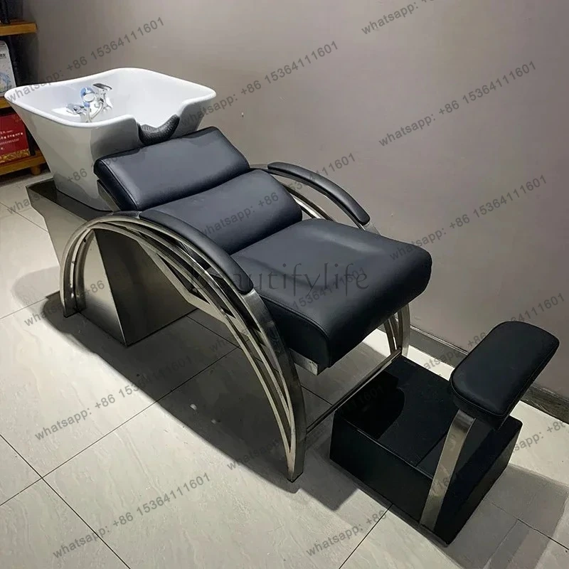 cadeira de salão de beleza Semi-reclining shampoo bed Barber shop ceramic basin Simple modern hairdresser flush bed High-end