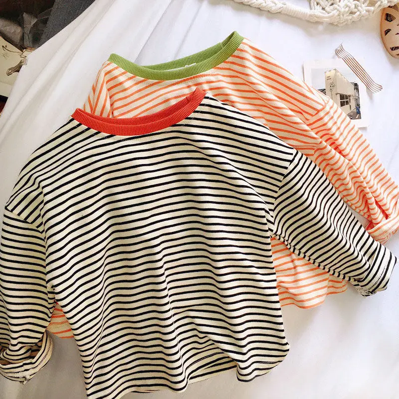 

Boys and Girls T-shirt Long Sleeved Children's Base Shirt Spring and Autumn Pure Cotton Casual Versatile Striped Baby Top