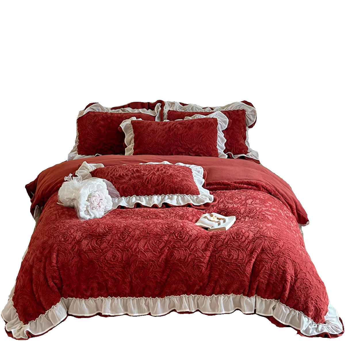 Winter Rose Jacquard Velvet Wedding Bedding Set,Korean Style Wine Red Four Piece,Coral Fleece,High-end Gifts for Wedding