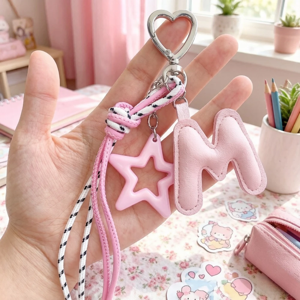 Leder A-Z Initialen-Schlüsselanhänger mit Stern-Quaste und Herz-Verschluss, Alphabet-Taschenanhänger, Personalisierter Geldbörsen- und Rucksackanhänger, Kleines Geschenk – Detail 4