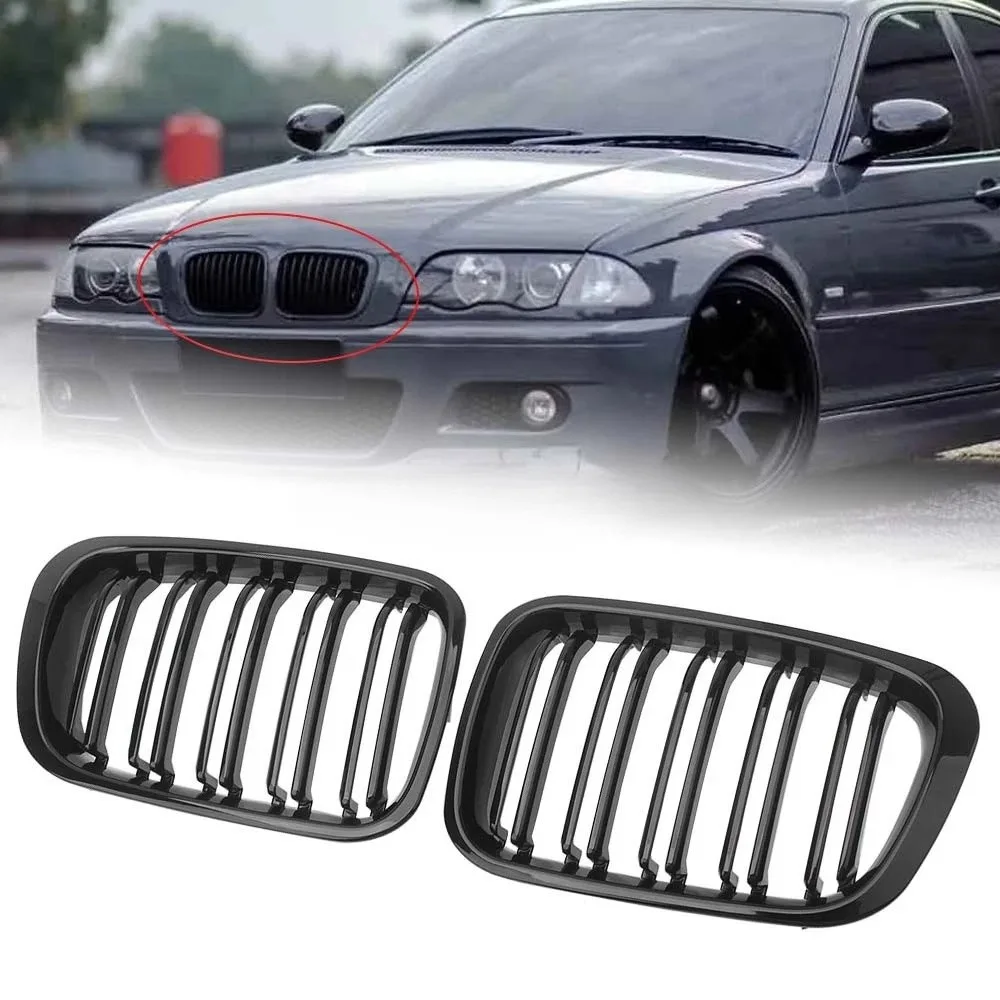 Pair Front Bumper Kidney Grille Glossy Black Set 51138208489   51138208490 For BMW 1999-2001 4dr 3 Series | PreLCI E46