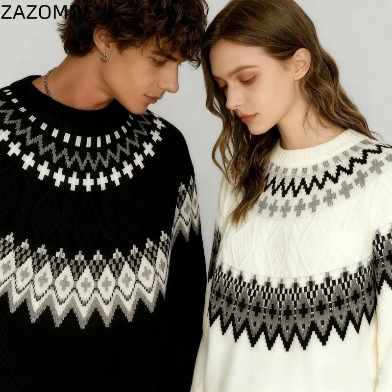 

ZAZOMDE Ethnic Stripe Sweater For Women Men Chunky Knit Pullover Folk Art Colors Bohemian Style Soft Yarn Made Couple Matching