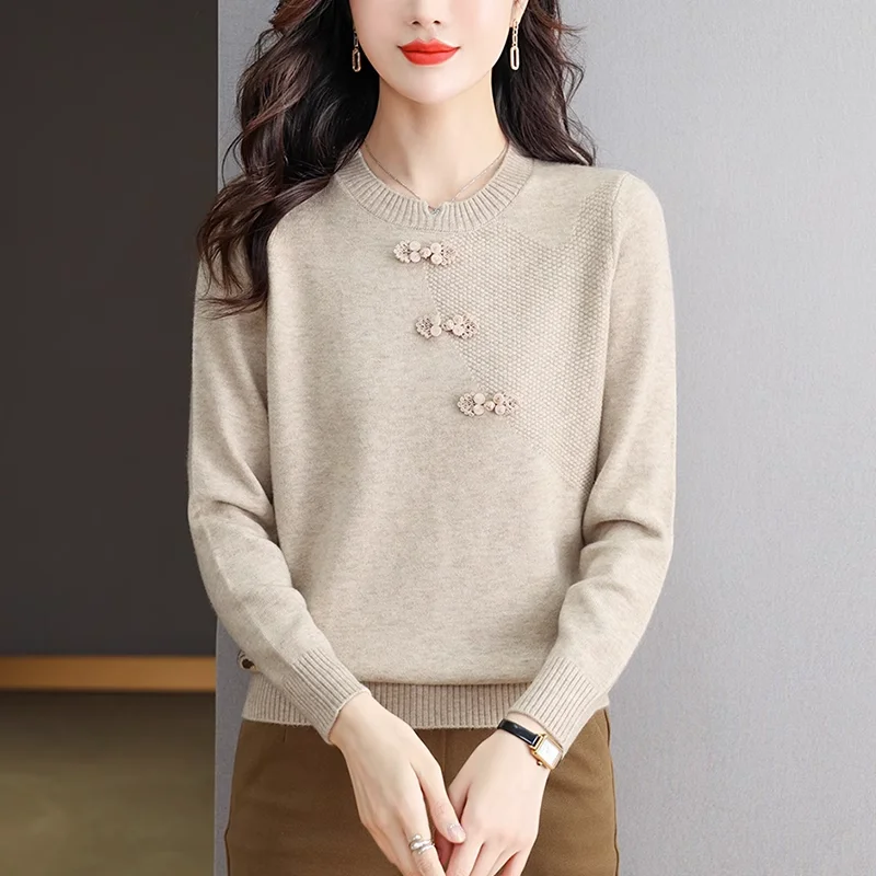 Vintage Chinese Style Autumn/Winter Pullovers Sweaters Women\'s O-Neck Frog Screw Thread Fashion Loose Long Sleeve Knitted Tops