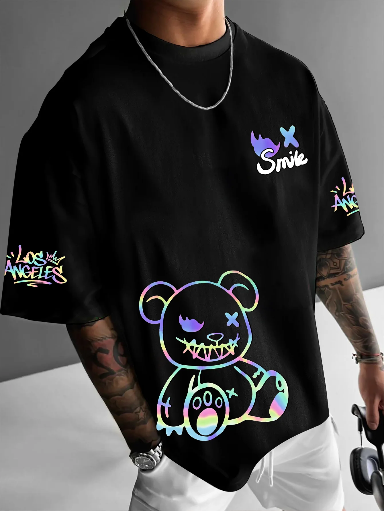 American Men's Summer Gradient Teddy Bear Letter Print Comfortable and Breathable Round Neck T-Shirt Outdoor Street Top