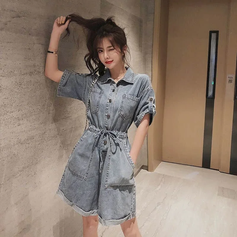 Denim Jumpsuits Women Half Sleeve Loose Oversized Casual Tops One Piece Outfit Women Playsuits Overalls for Women Denim Shorts