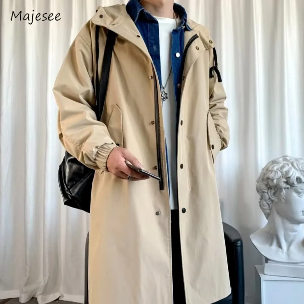 Men Trench Outfit with Hat Pockets Slouchy Windbreak Multi-button French Style Fashion Streetwear Autumn Winter Popular Casual