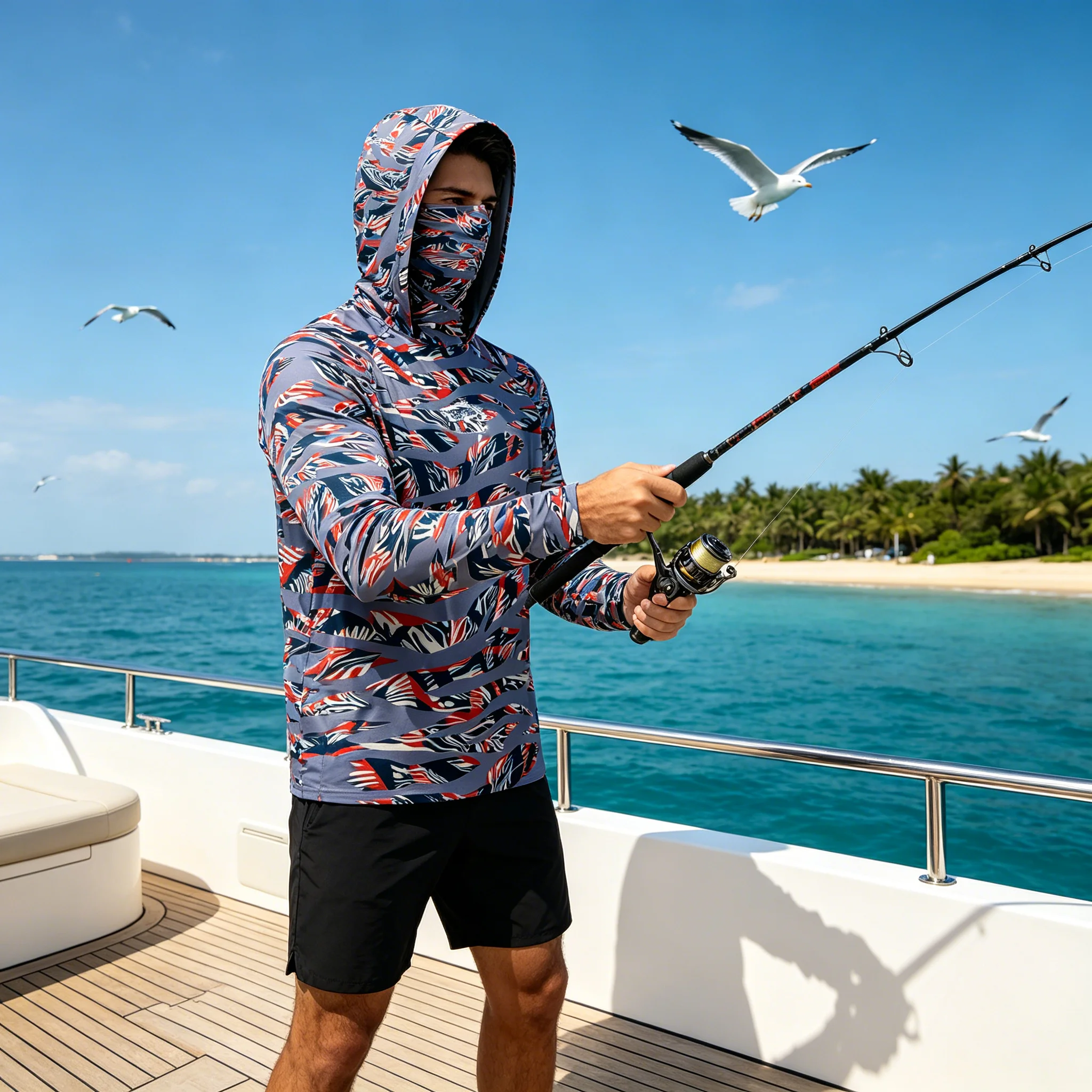 Mens UPF50 Fishing Hoodies Quick Dry Camouflage Fishing Shirts Face Cover UV Protection Breathable Lightweight Long Sleeve