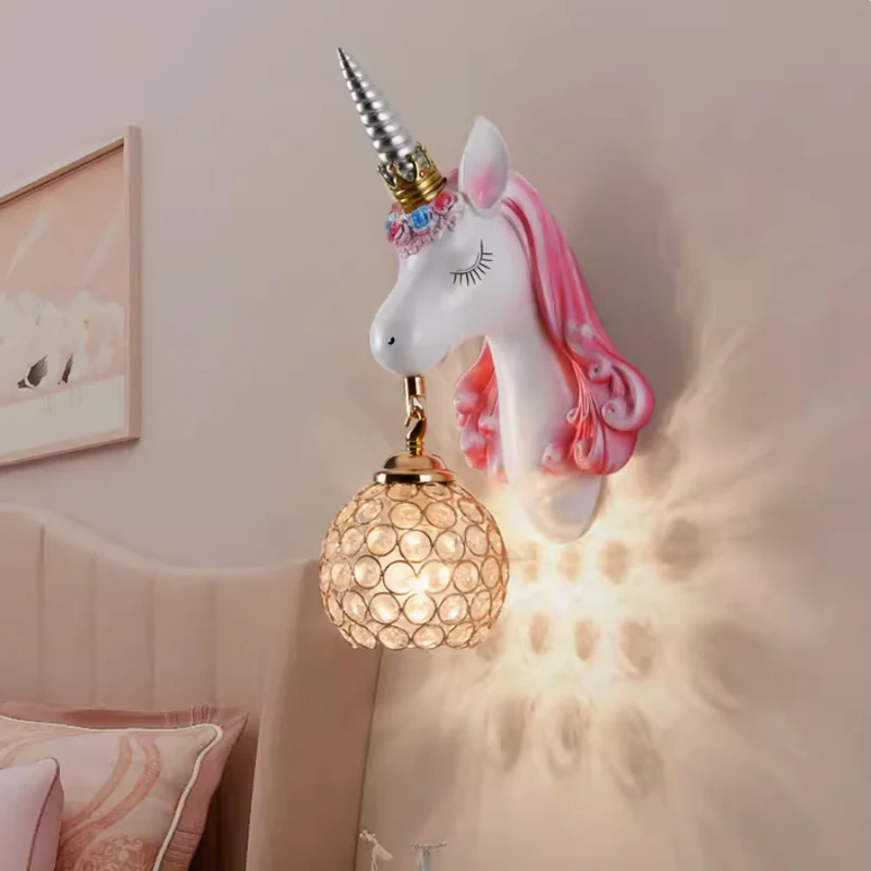 Nordic Unicorn Lights Resin Wall Lamp Crystal Shade Wall Sconce Lamp Children's Room Home Indoor Lighting Background Wall Decor