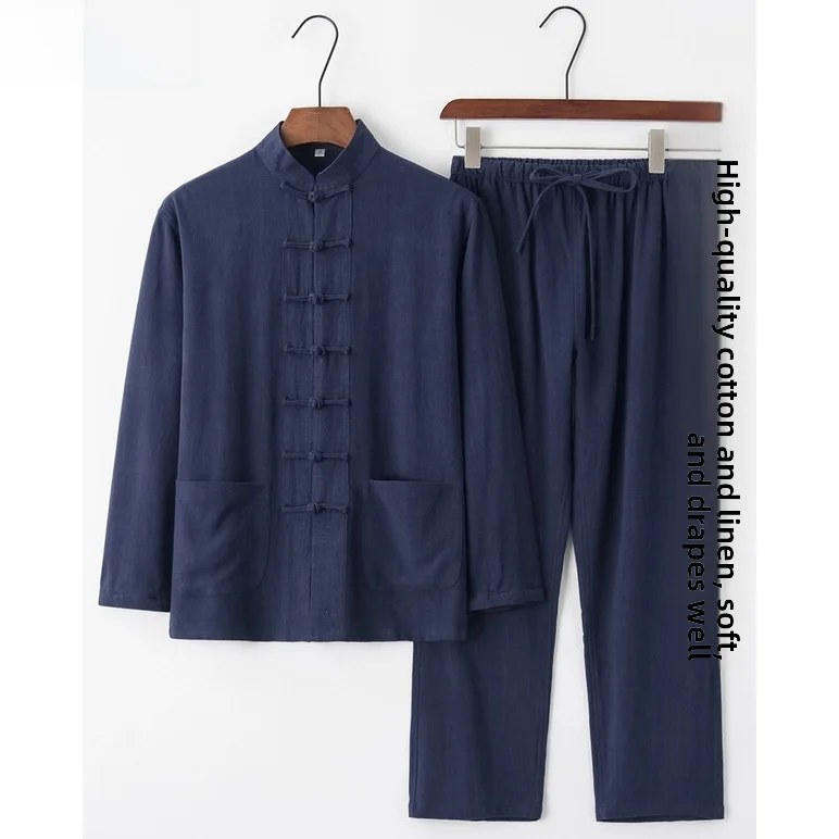 Men's Long Sleeve Cotton Linen Style Tang Suit Zen Meditation Robe Buttoned Traditional Chinese Fashion Tea Costume Mid-Year ...
