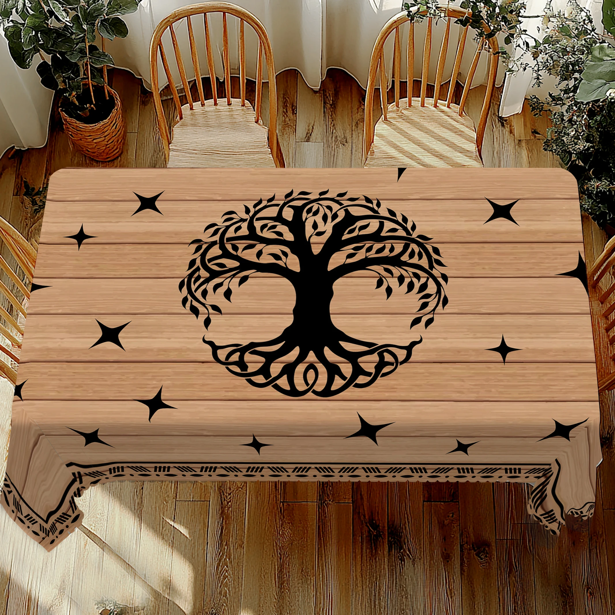 1 Piece of Tarot Tree of Life Themed Round Tablecloth, Available in 5 Sizes, with a Faux Wood Grain Background and Black Tree of Life Tarot Elements Printed on It, Embossed Edges, Suitable for Divination Game Decoration, for Everyday Home Living Room, Terrace, Tarot Divination Table Use, for Daily Party Decoration, for Diviner's Home Decor