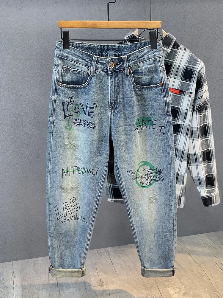 

Мужские джинсы American Sle свободного кроя с прямыми штанинами, ручная роспись, модный бренд, молодежные длинные брюки, коллекция весна-осень