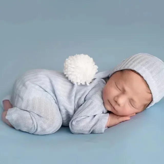 2 Pieces Set Newborn Photo Shooting Clothes Knitting Baby Boy Jumpsuit with Pompom Hat Infant Photography Props