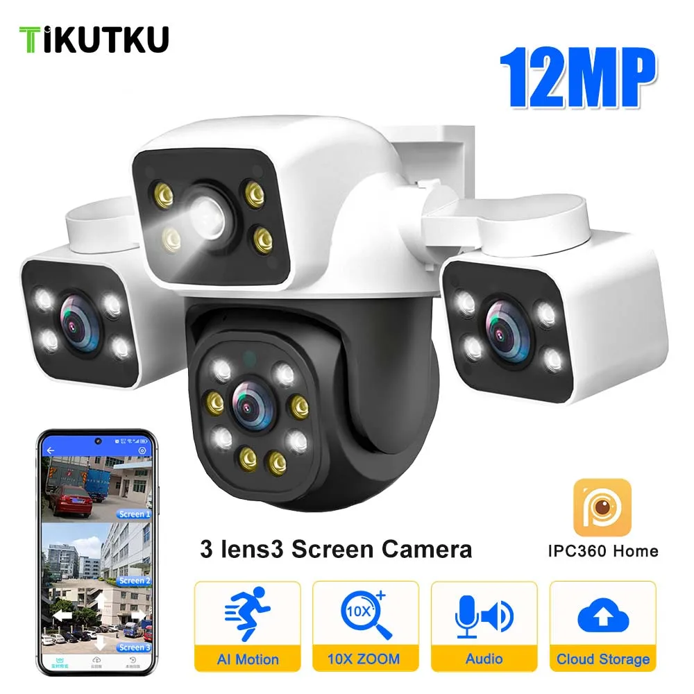 

Security Camera 10X Zoom 6K 12MP WiFi Three Lens Auto Tracking Outdoor Waterproof PTZ Security CCTV Video Surveillance IPC360Ho