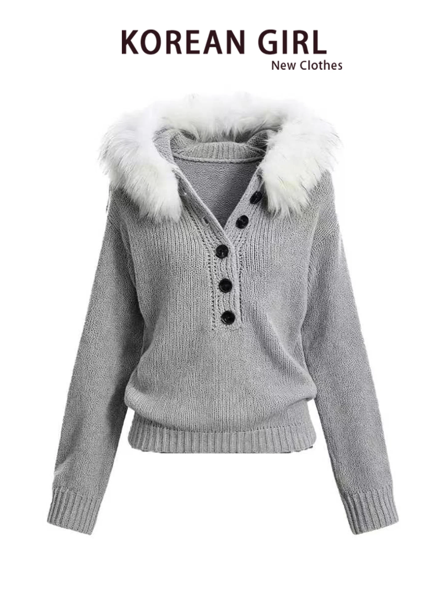 Removable Fur Collar Henry Sweater Women's Autumn Winter Slim Fit Grey Hooded Knitted Top Vintage Style Korean Fashion