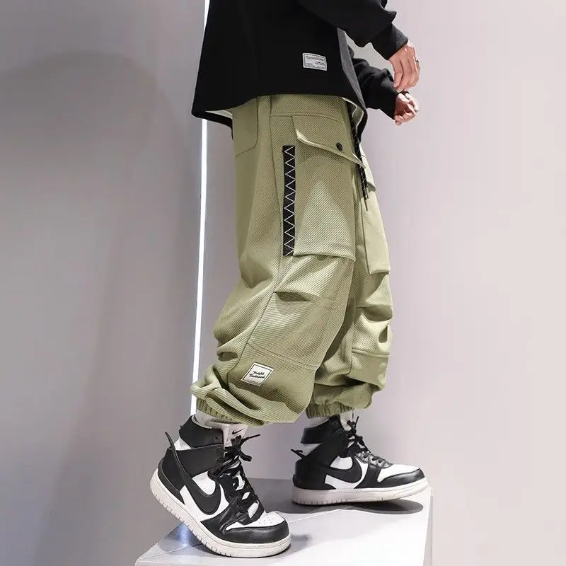 Spring Autumn Japanese Style Solid Color Trousers Men Loose Elastic Waist Drawstring Bound Feet Cargo Pants Pockets Male Clothes