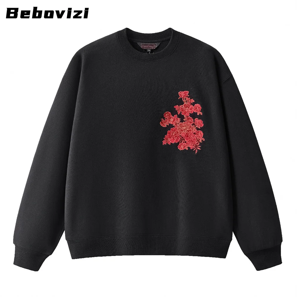 Men's Red Round Neck Sweatshirt, Horse Embroidery Pullover, Loose Fit Streetwear Hip Hop Tops for Fall Winter