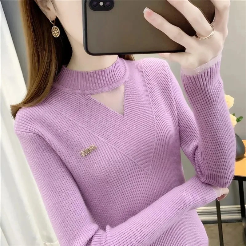 Pullover Ribbed Knitted Sweater Autumn Winter Clothes Women 2023 High Neck Long Sleeve Slim Basic Woman Sweaters Tops