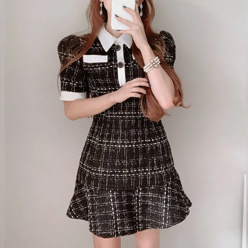 Rétro Chic col montant t-shirt bouton coupe ajustée bulle Sve ourlet à volants Dr couleur Blo taille haute ort été Dr