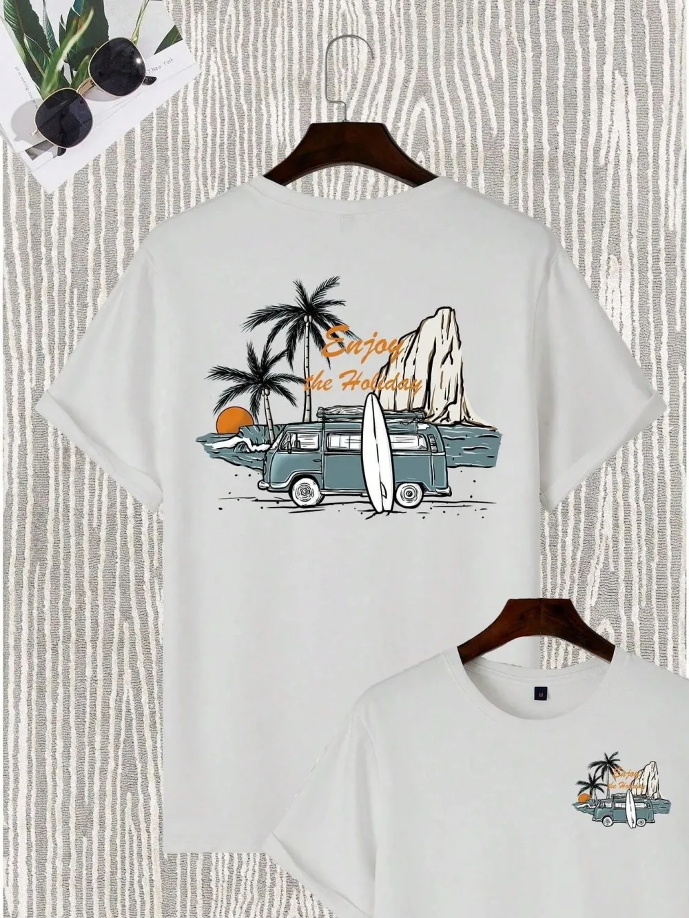 Fashionable men's summer new car and mountain print micro elastic breathable round neck T-shirt outdoor vacation casual top