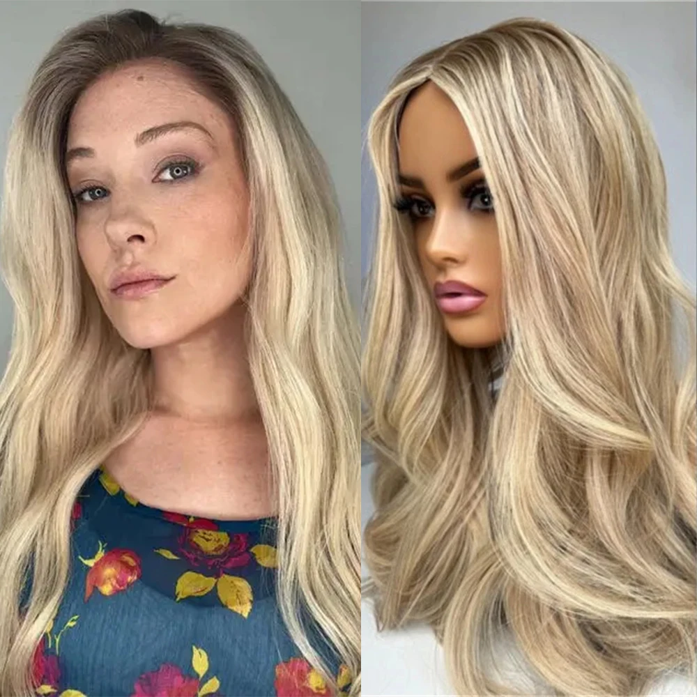 

Теплый блонд, парик с волнистыми прядями, 13x4, с кружевной передней частью, синтетические волосы, темные корни, HD кружевной фронтальный парик для женщин, для повседневного использования, вечеринок, косплея