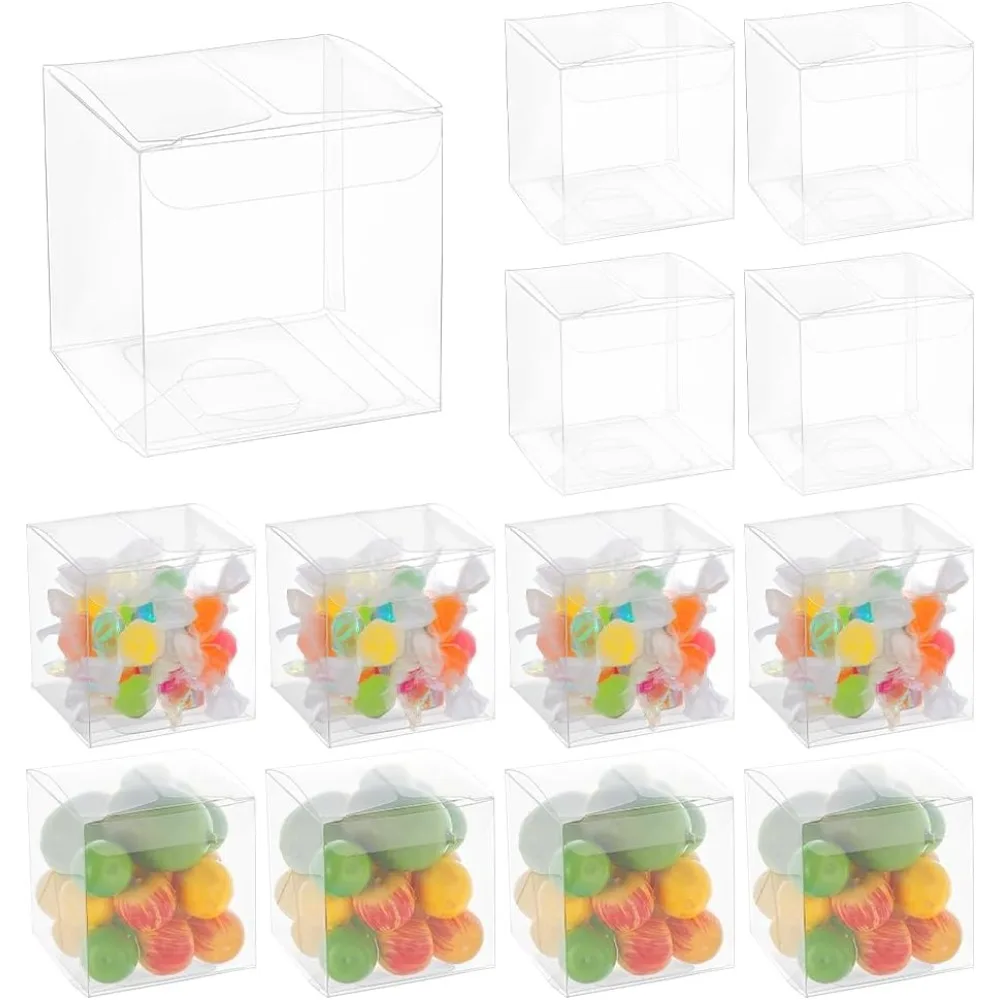 120pcs Clear Plastic Favor Box 2.4x2.4x2.4 Inches Gift Packing Box for Candy Choclate and Dessert Wedding Party Treats