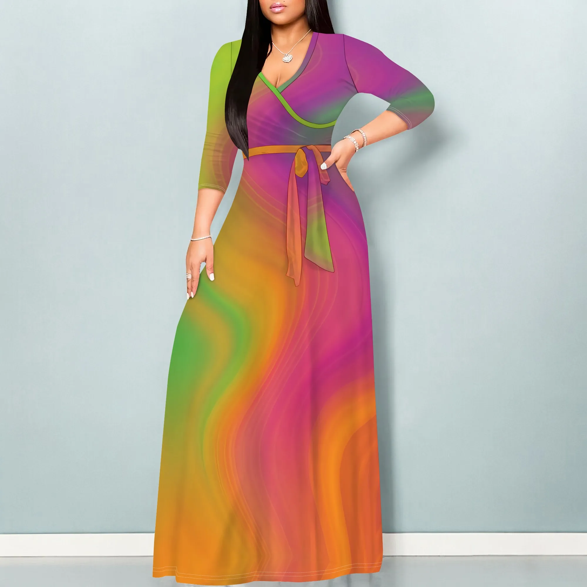 

Colorful Gradient Maxi Dress for Women S-3XL Wrap V-Neck Style for Pride Month or Sunset Party Look