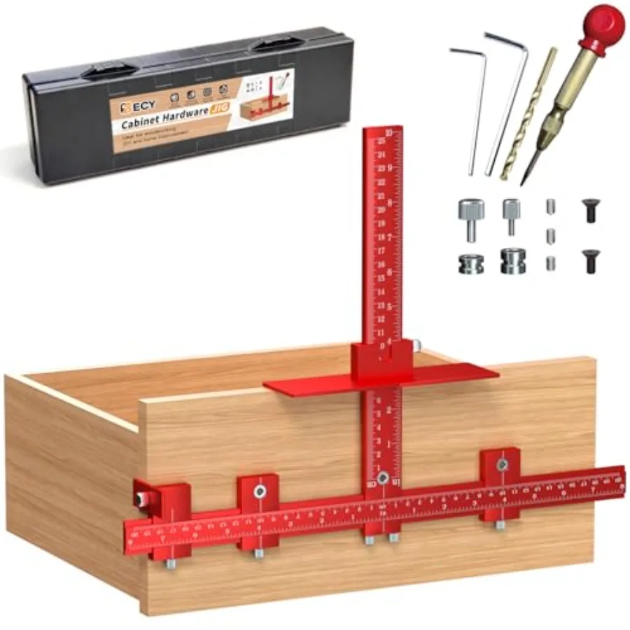 

ECY Приспособление для установки мебельной фурнитуры, регулируемый инструмент для монтажа ручек шкафов, цельноалюминиевый сверлильный кондуктор с автоматическим центровочным пробойником для D-образных профилей