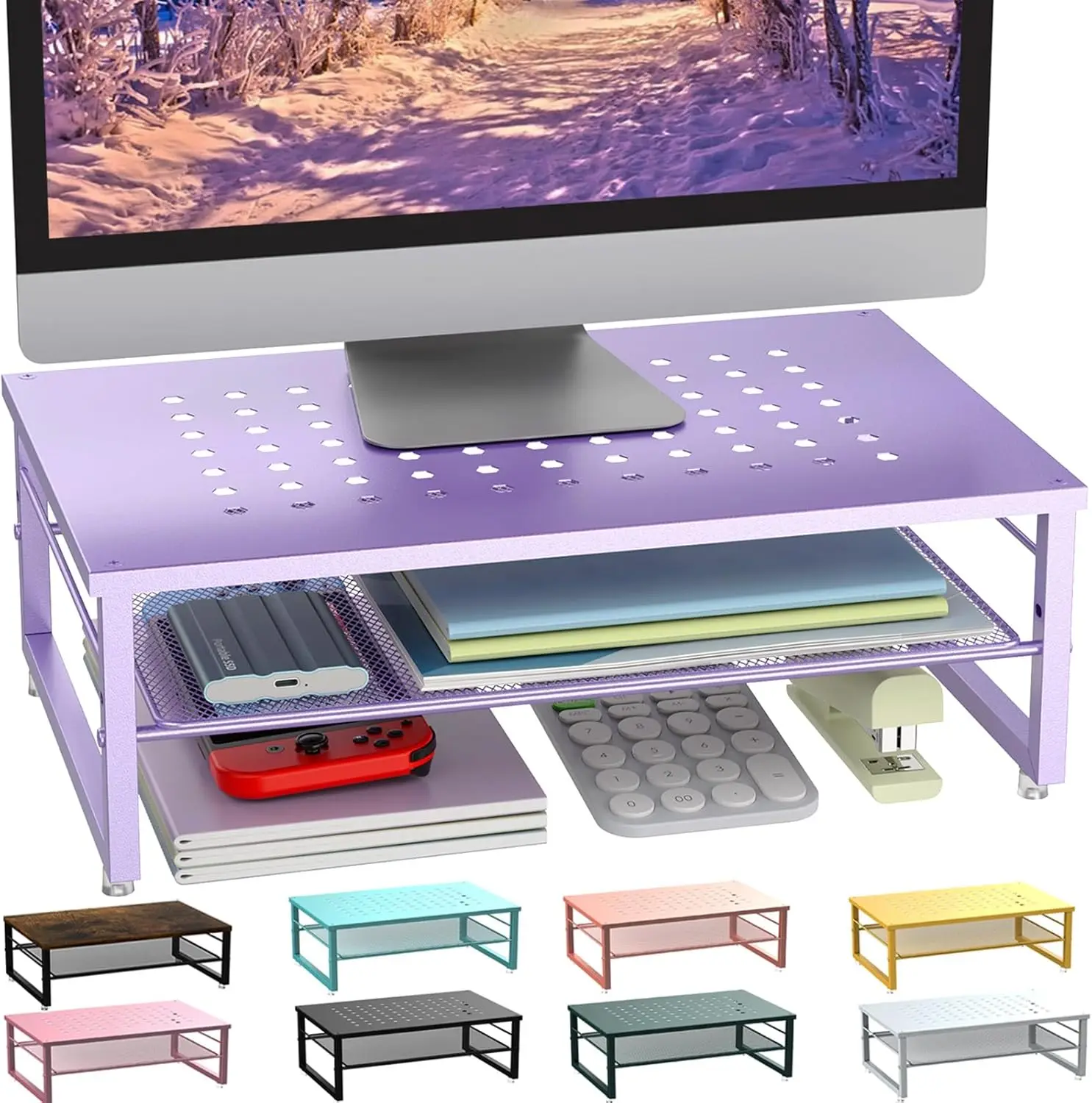 

2-Tier Metal Monitor Stand Riser, Office Desk Storage Organizer for Computer Monitor, Laptop, Printer (Purple)