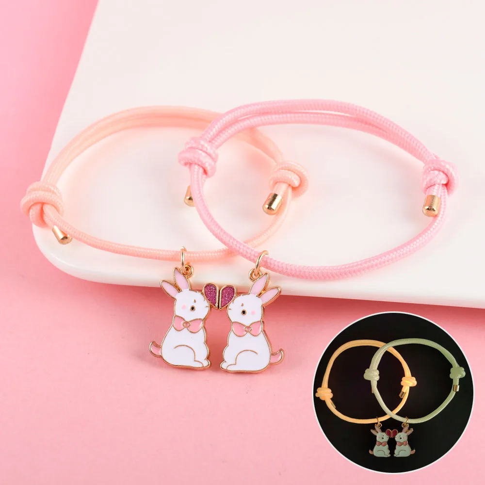 A Girl 2Pcs/set Cute Rabbit Heart-shaped Stitching Luminous Rope Best Friend Bracelet for Girls Fashion Friendship Gifts
