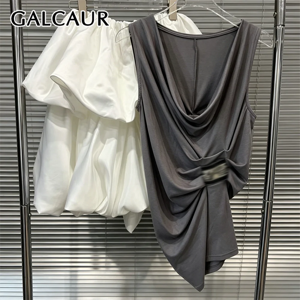 

GALCAUR Solid Slimming Spliced Folds Two Piece Sets for Women Swinging Neck Sleeveless Patchwork Elastic Waist Skirt Set Female