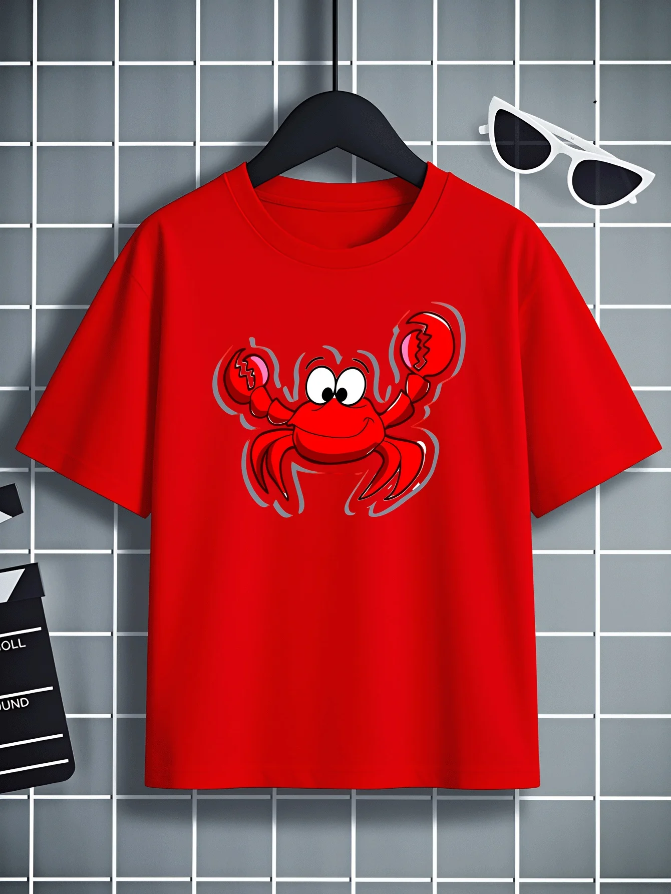 Red Crab Claw Pattern T-shirt Round Neck Top Korean Half Sleeved Children's Daily Versatile Parent-child Outfit