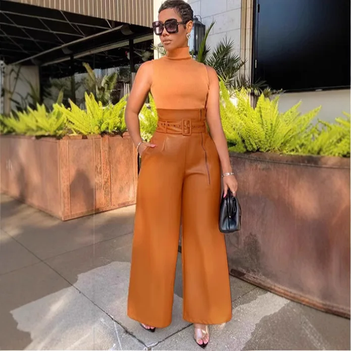 Women's Pu Leather Pants Solid Color Trendy Belt High Waist Loose Wide Legs Trousers Club Streetwear Lady Commuting Clothing New