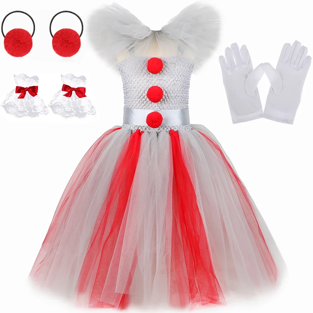 Clown Pennywise Costume Girls Carnival Party Fancy Tutu Dress Up Outfit Creepy Joker Cosplay Halloween Costume for Kids Clothes