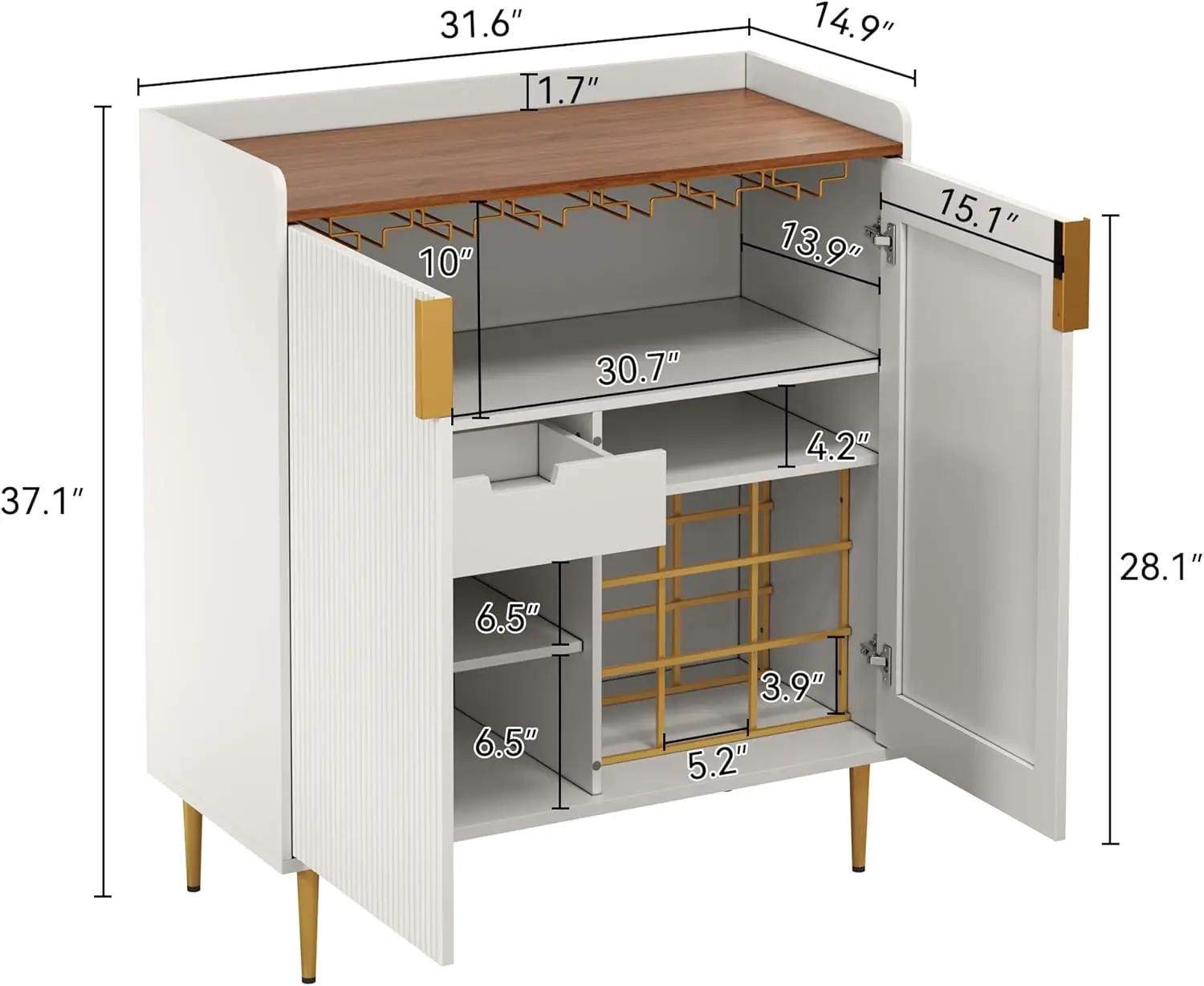 Wine Bar Cabinet with Fluted Texture, Modern Coffee Cabinet with Wine Rack&Glass Holder, White Kitchen Buffet Sideboard