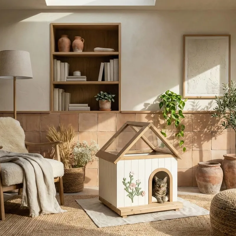 Transparent Roof Pet House with  Indoor Shelter for Cats