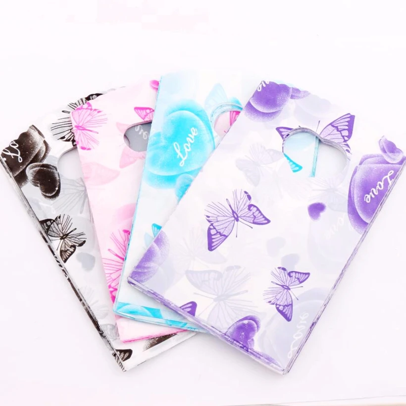 200pcs 9X15cm Heart and Butterfly Patterns Plastic Jewelry Gift Bag Jewelry Pouches Bags