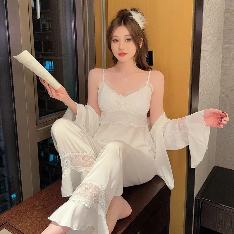 With Chest Pad Women Fall Ice Silk Suspenders Long Sleeve Pants Thin Sweet Explosive High-grade Suit Three-piece Pajamas