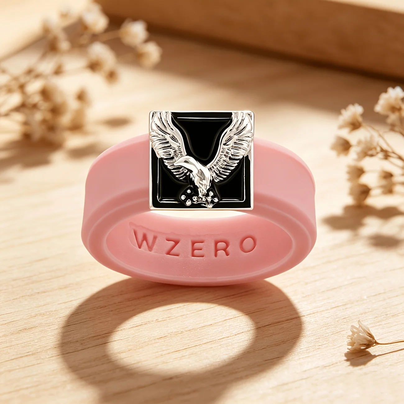 Powerful Eagle Symbol Pink Silicone Ring ，Silvery Square Flying Motivational Jewelry Accessory