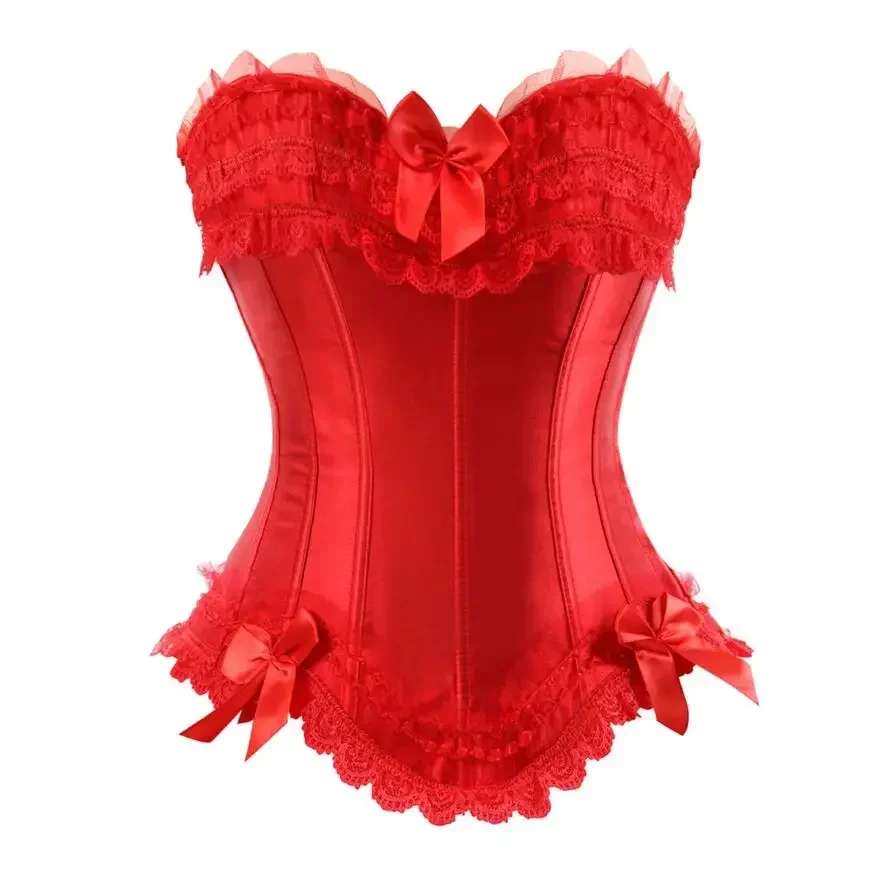 

Women Corsets and Bustiers Sexy Satin Overbust Corset Top Lace Bowknot Decorated Corsets Gothic Lace Zipper Shaper