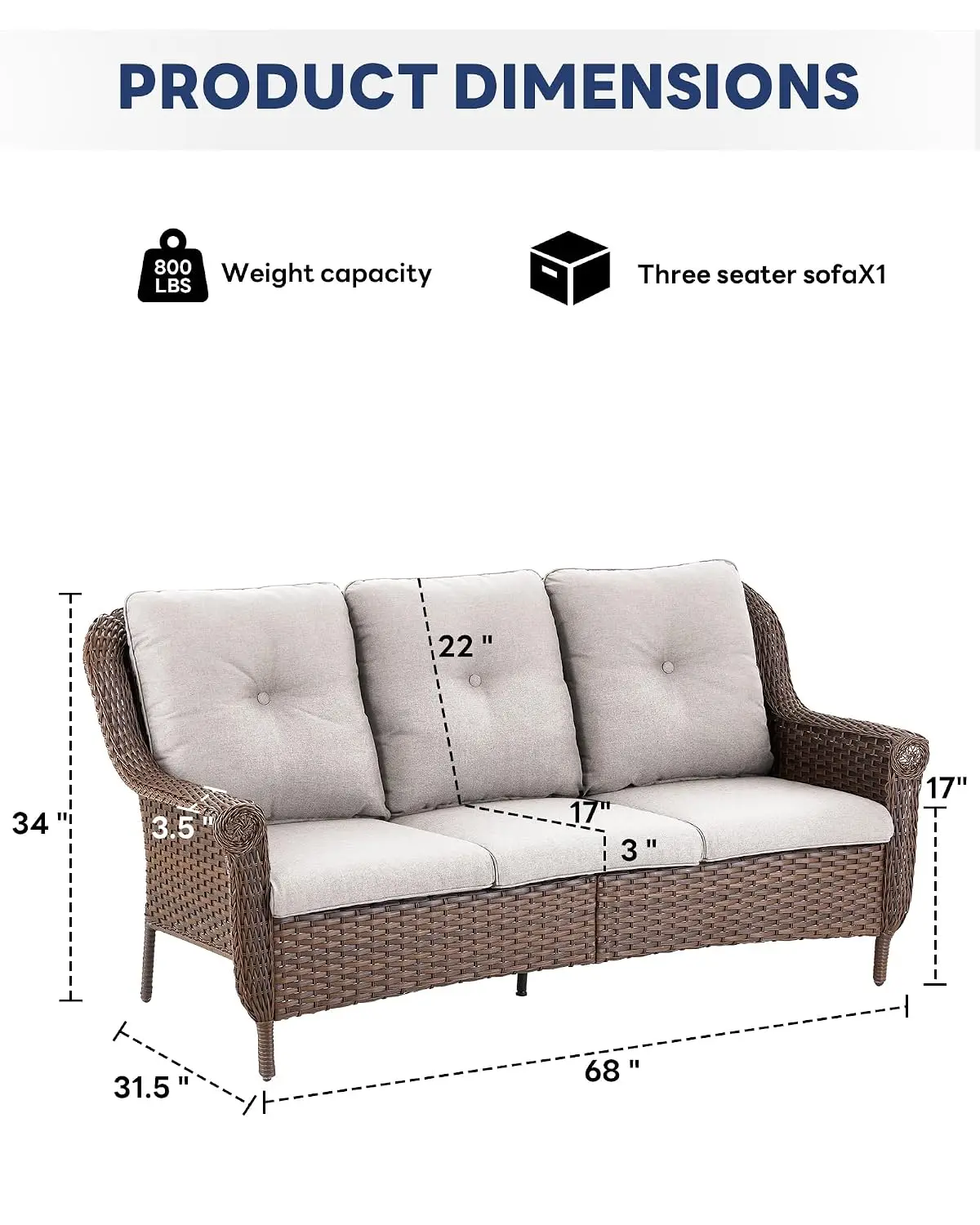 All Weather PE Wicker 3-Seat Outdoor Sofa for Deck Porch Lawn Garden Backyard, Customized