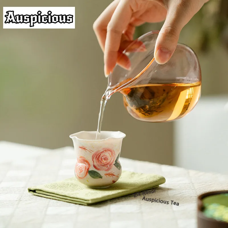 45ml Hand-drawn Rose Teacup Handmade Tea Bowl Sample Tea Cup Tea-tasting Fragrance Cup Jianzhan Master Cups Tea Items Craft