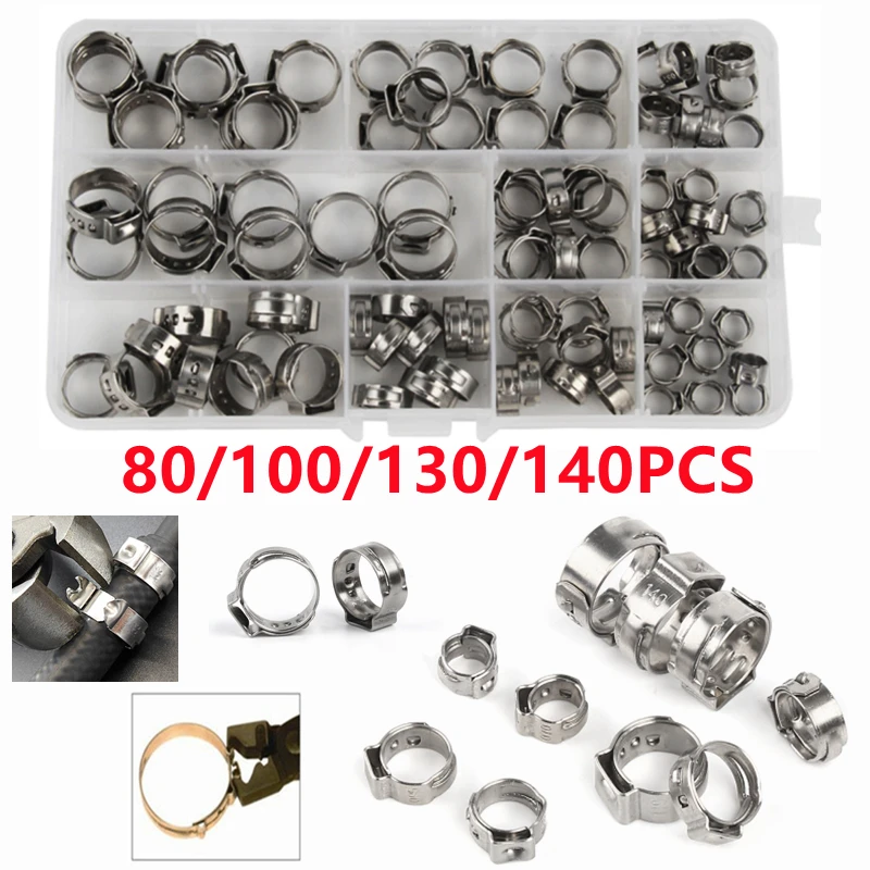 

140/100PCS Hose Clamp 304 Stainless Steel Single Ear Cinch Rings Crimp Pinch Assorted Kit