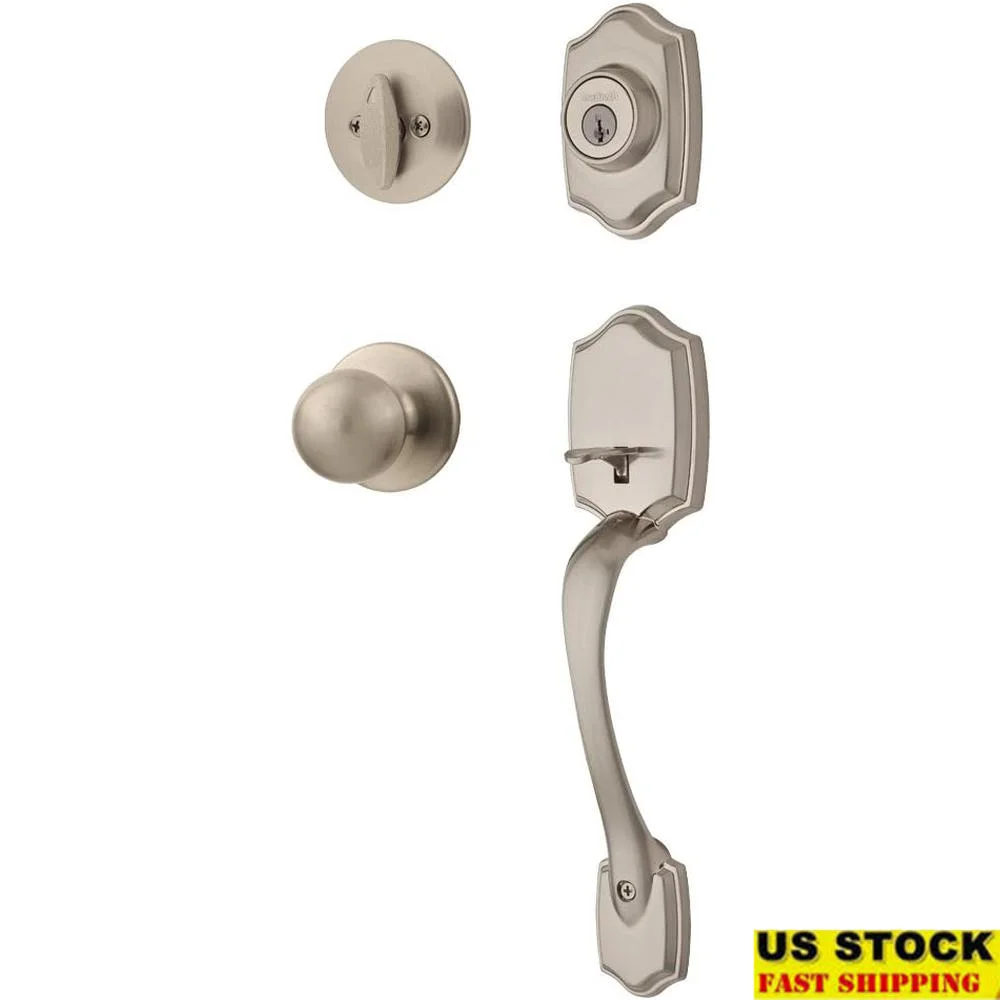 Kwikset Belleview Entry Handleset Front Door Lock Deadbolt Set with Interior Knob Exterior Satin Nickel Brass Material