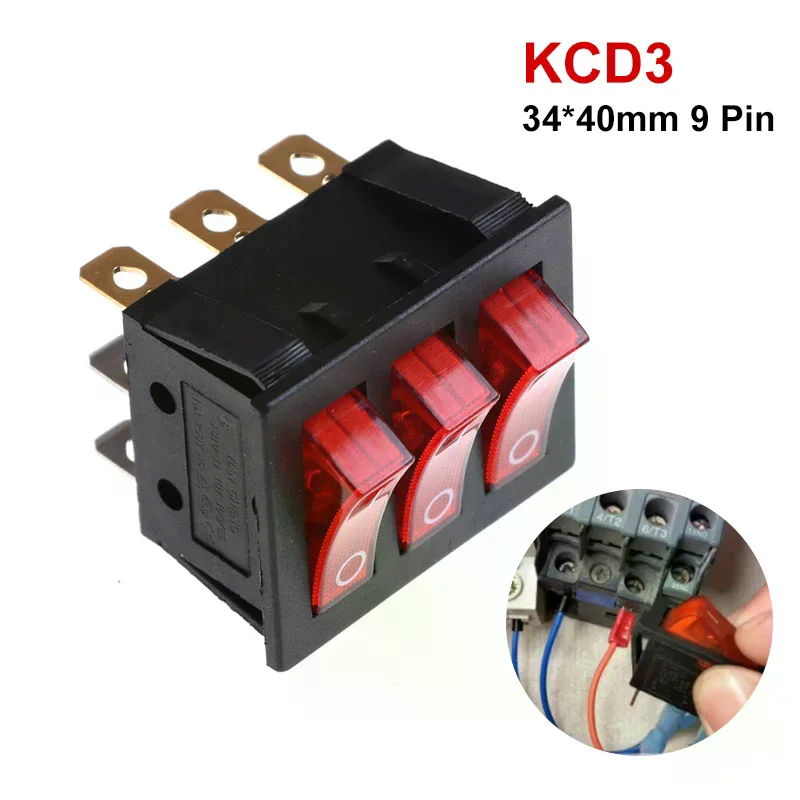 KCD3 34*40 Big Rocker Switches With Red Light Three-Way Switch 9 Pin 2 Position Multi-knife Single-throw 16A/30A 250V