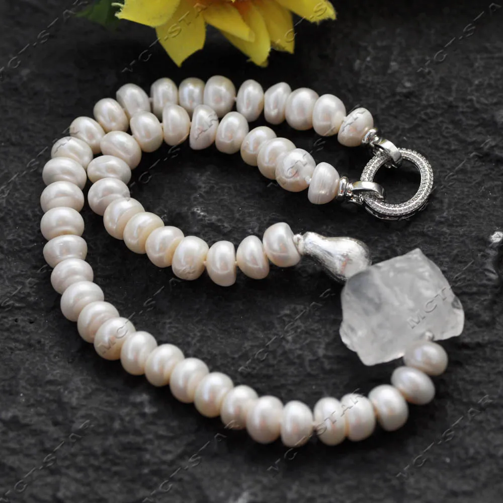 

Z14500 19'' 30mm White Rondelle Freshwater Pearl Clean Crystal Raw Stone Necklace