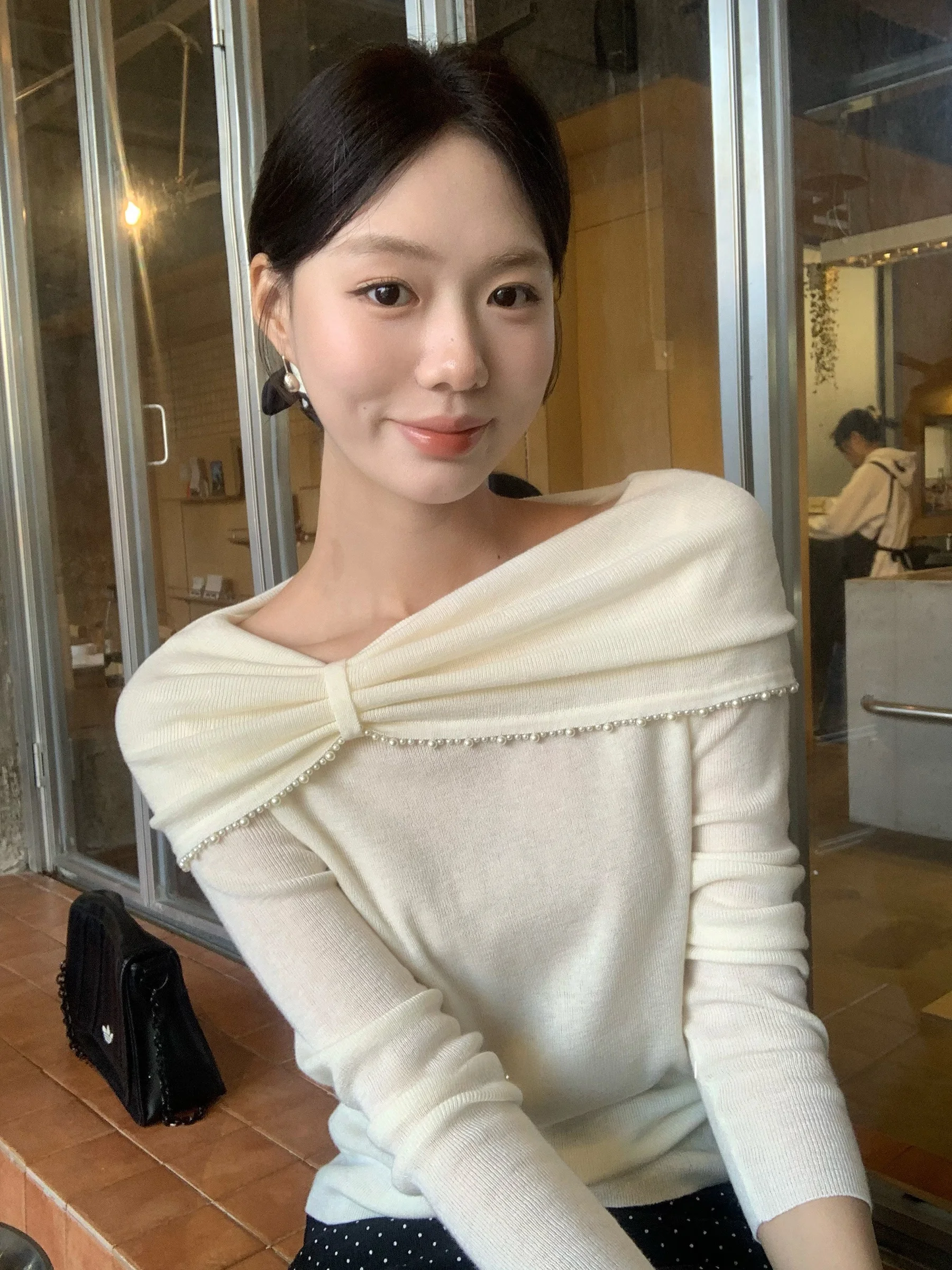 

Вязаный свитер для похудения с жемчужной вышивкой «Молочная шерсть» Aosphere Cr White, двусторонний, французский стиль, полиэстер