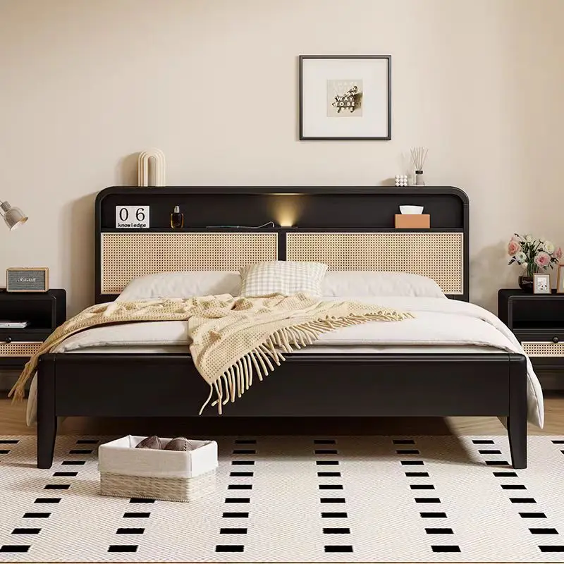 

￥%Nordic Solid Wood Double Bed With Rattan Headboard Wooden Beds Minimalist Bedroom Furniture for Apartment and Hotel
