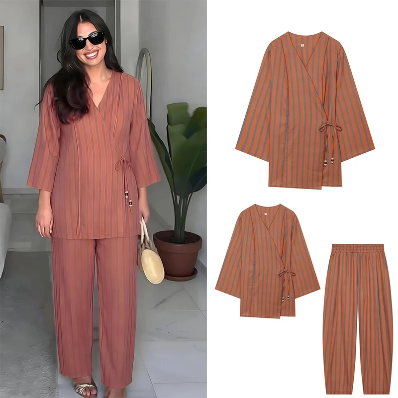Guobioziy Women's Striped Set 2026 Spring and Autumn Collection Dual-Tone Lace-Up Design European Casual Everyday Fashion Style